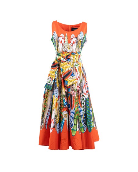 Shop SAMANTHA SUNG  Dress: Samantha Sung "Abelia African Feather" dress.
Sleeveless.
Plunging neckline.
Zip closure on the back.
Belt at the waist.
Composition: 100% Cotton.
Made in South Korea.. ABELIA AFRICAN FEATHER -ORANGE